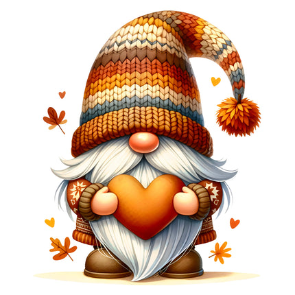Gnome with a heart, autumn-themed hat, and leaves fabric panel