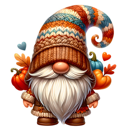 gnome with a colorful hat and autumn-themed accessories quilt block