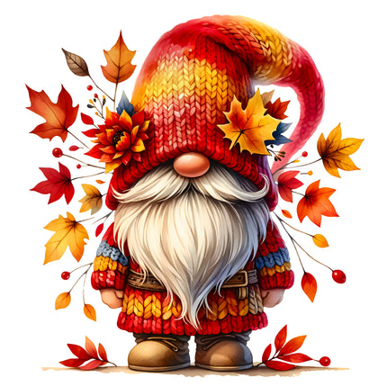 Cartoon gnome with autumn-themed hat and leaves fabric panel