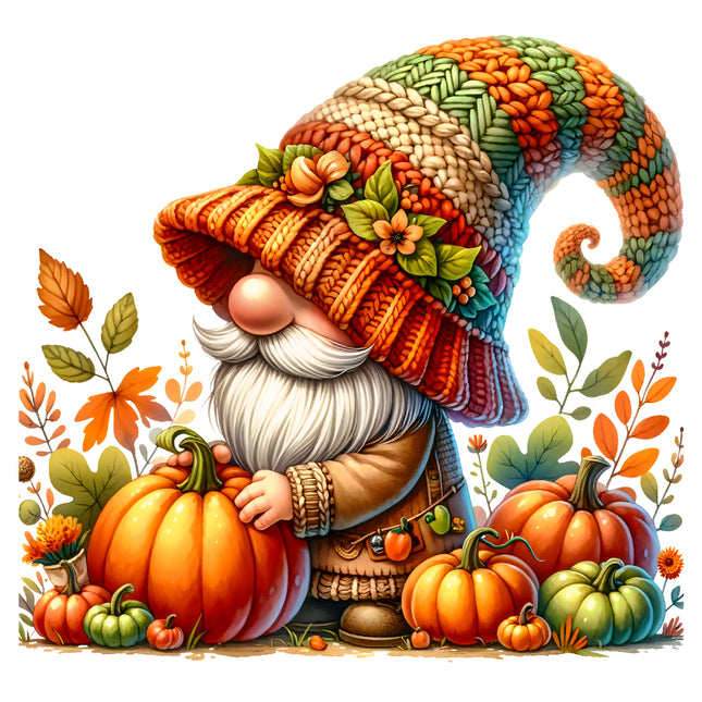 Gnome with a colorful hat holding pumpkins surrounded by autumn leaves and flowers.