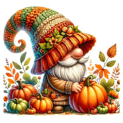 Gnome with a colorful hat holding pumpkins surrounded by autumn leaves on a white background
