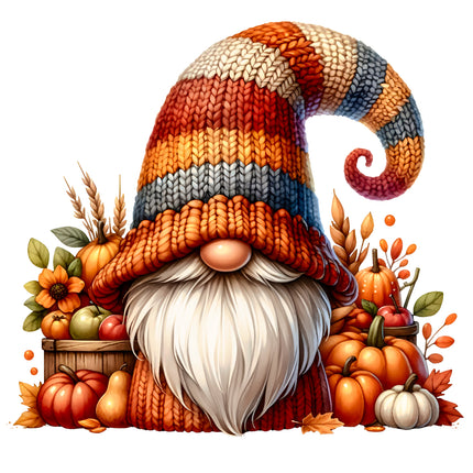 Autumn-themed gnome with colorful hat surrounded by pumpkins, apples, and leaves fabric panel