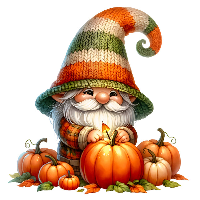 Gnome with a colorful hat holding a pumpkin surrounded by smaller pumpkins fabric panel