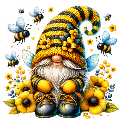 Gnome with a bee-themed hat surrounded by flowers and bees quilt panel