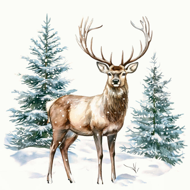 Deer standing in a snowy landscape with snow-covered trees fabric panel