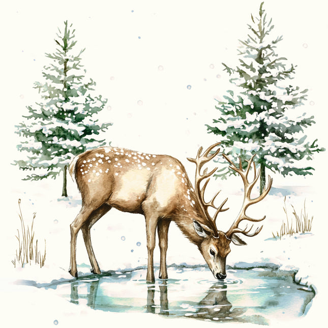 Deer drinking water in a snowy landscape with trees fabric panel
