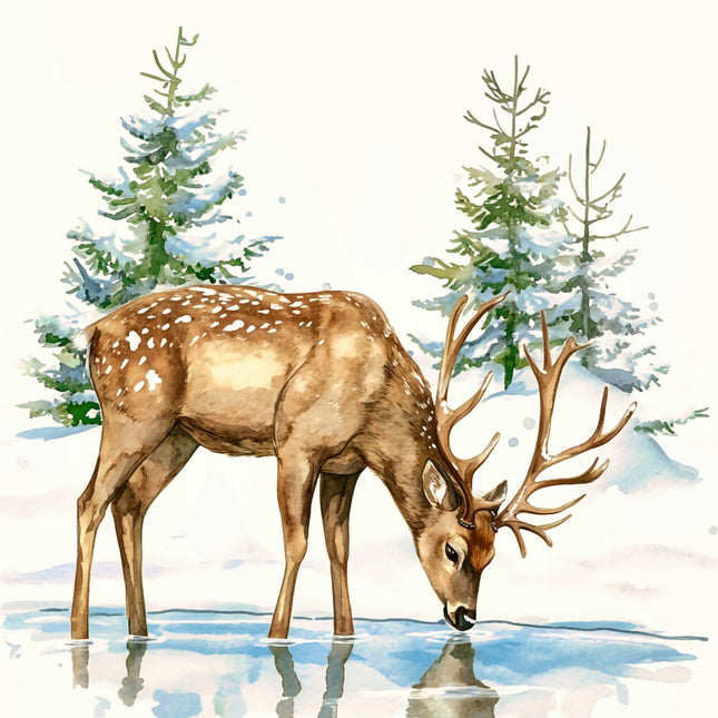 Deer drinking water with snow-covered trees in the background fabric panel