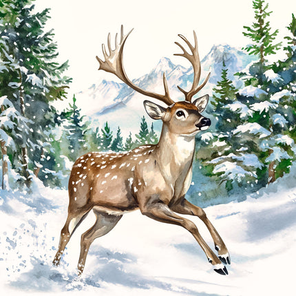 Deer in a snowy forest with mountains fabric panel