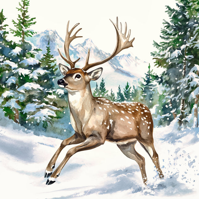 Deer in a snowy forest with mountains in the background fabric panel