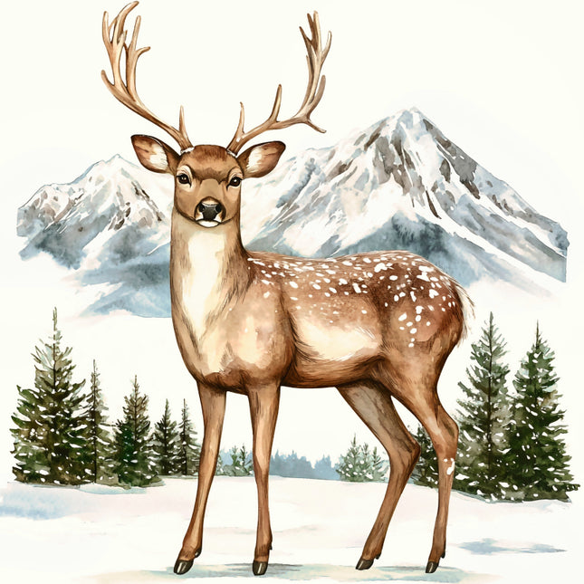 Deer with large antlers standing in a snowy landscape with mountains and trees fabric panel