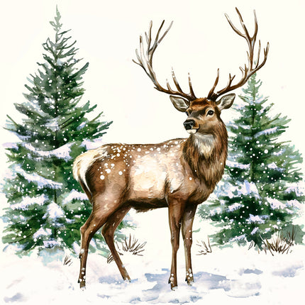 Deer with antlers standing in a snowy landscape with trees fabric panel