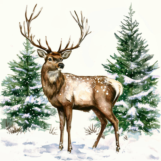 Deer standing in a snowy landscape with snow-covered trees fabric panel
