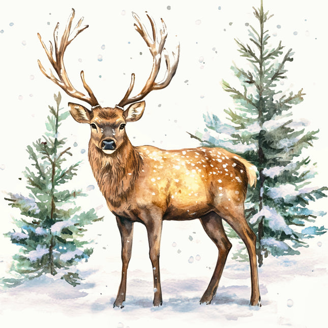 Deer standing in a snowy landscape with trees and deer fabric panel