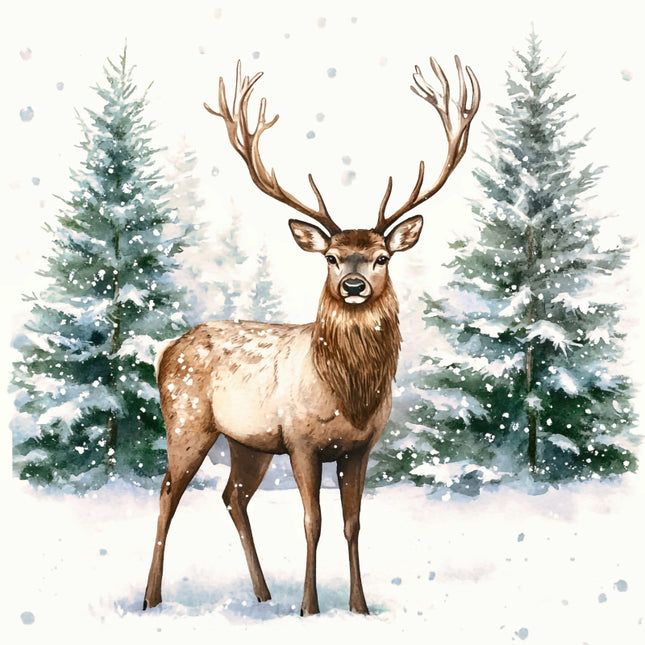 Deer standing in a snowy landscape with deer and trees fabric panel