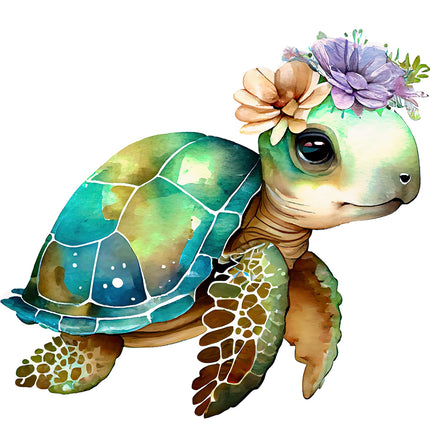 Illustration of a turtle with flowers on its head against a white background quilt block