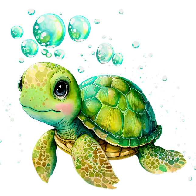 Illustration of a green turtle with bubbles on a white background quilt block