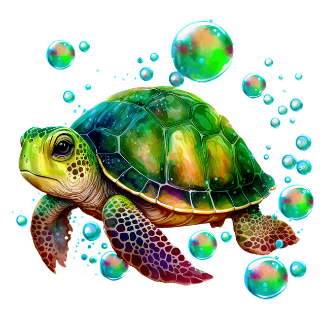 Colorful illustration of a turtle with bubbles on a white background quilt block