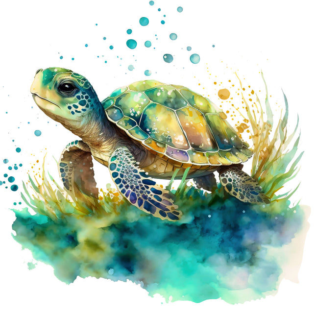 Colorful illustration of a turtle with watercolor effects on a white background quilt block