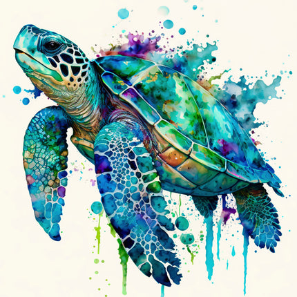 Colorful watercolor painting of a sea turtle on a white background quilt block