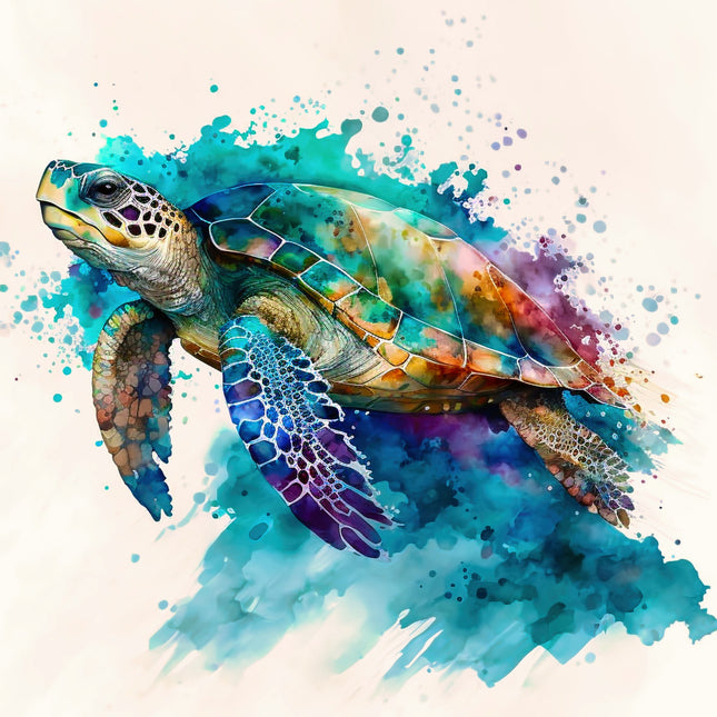 Colorful turtle illustration on a watercolor background quilt block