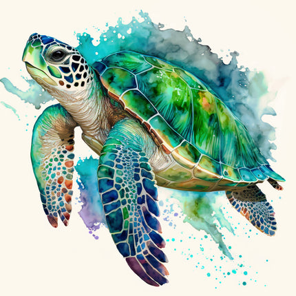 Colorful illustration of a sea turtle with watercolor texture fabric block