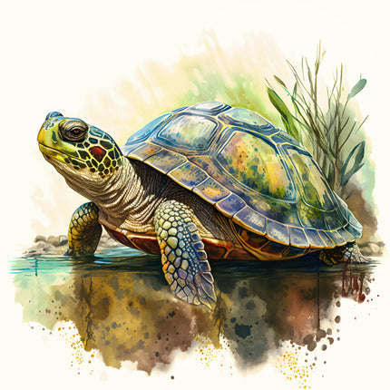 Colorful illustration of a turtle by water with a natural background fabric block
