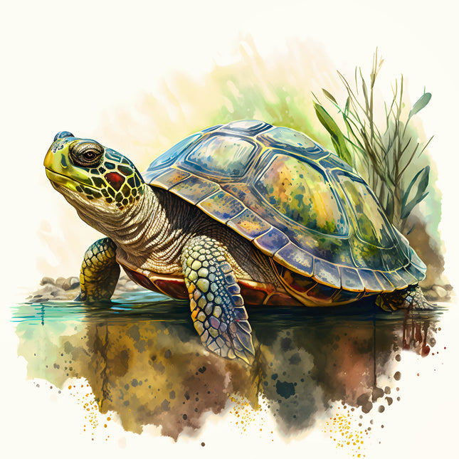 Colorful illustration of a turtle by water with a natural background fabric block