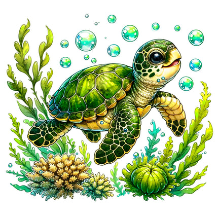 green turtle swimming among seaweed and bubbles fabric panel