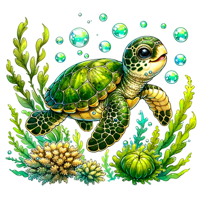 green turtle swimming among seaweed and bubbles fabric panel