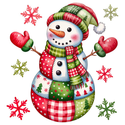 Colorful patchwork snowman with a scarf, mittens, and hat on a white background with snowflakes.