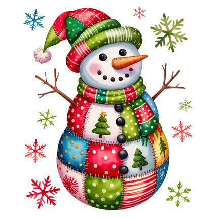 Colorful patchwork snowman with a pattern of trees and snowflakes on a white background fabric panel