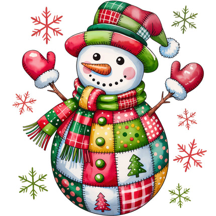 Colorful patchwork snowman with a scarf, mittens, and a hat on a white background with snowflakes fabric panel