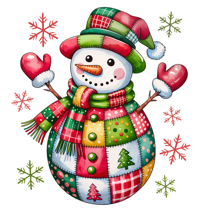Colorful patchwork snowman with a scarf, mittens, and a hat on a white background with snowflakes fabric panel