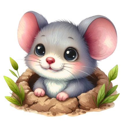 Illustration of a cute mouse with large ears and big eyes, sitting in a hole with green leaves fabric panel