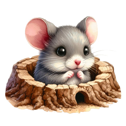 Illustration of a cute mouse peeking out from a wooden hideout on a white background