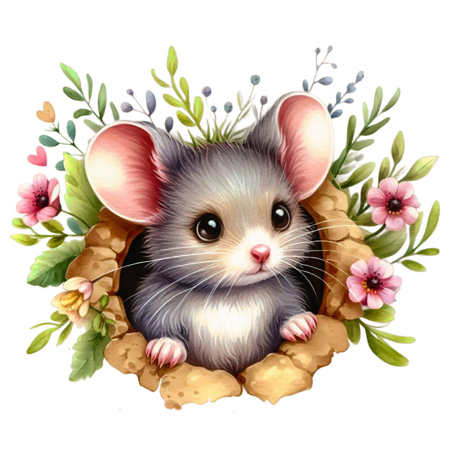 Illustration of a cute rodent surrounded by flowers and leaves on a white background