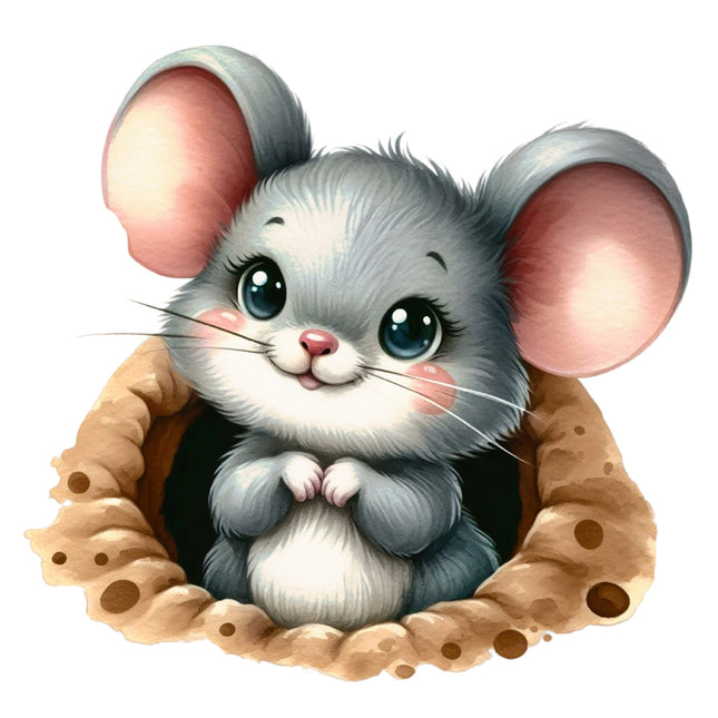 Cartoon mouse peeking out from a wooden tunnel on a white background