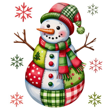 Colorful patchwork snowman with a scarf, surrounded by snowflakes on a white background fabric panel