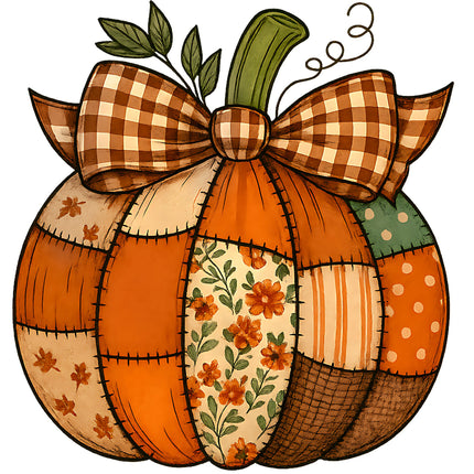 Decorative pumpkin with a plaid bow fabric panel