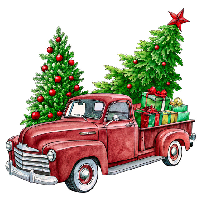 Red vintage truck with Christmas trees and presents fabric panel