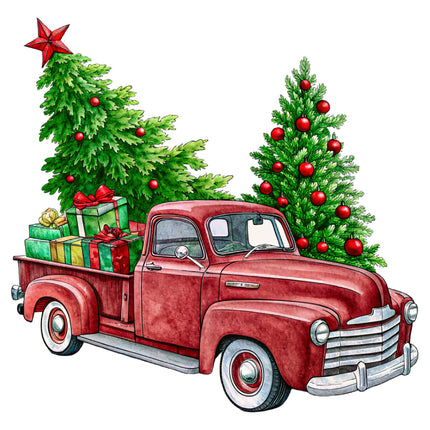 Red vintage truck with Christmas trees and presents on a white background fabric panel square