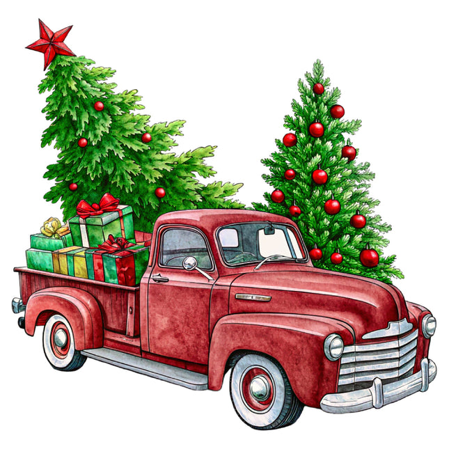 Red vintage truck with Christmas trees and presents on a white background fabric panel square