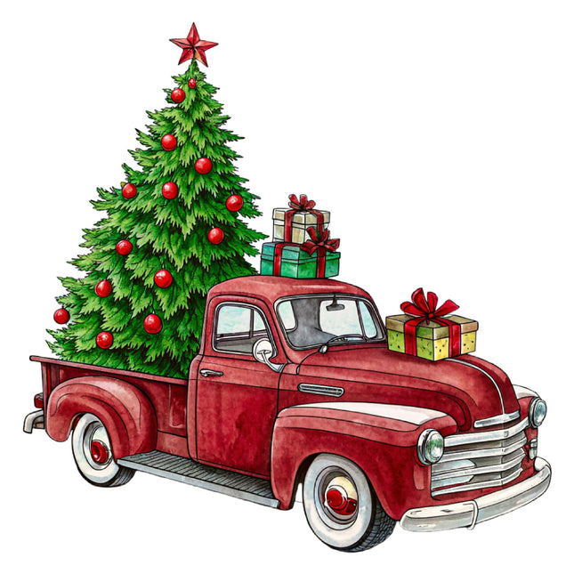 Red vintage truck with a Christmas tree and gifts on a white background fabric panel