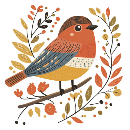 Illustration of a bird on a branch with autumn leaves and flowers fabric panel block