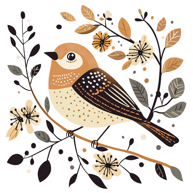Illustration of a bird on a branch with leaves and flowers fabric panel