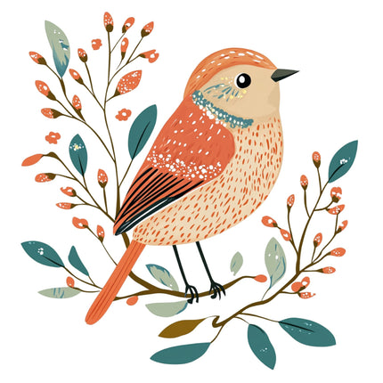 Illustration of a bird perched on a branch with leaves and flowers fabric panel