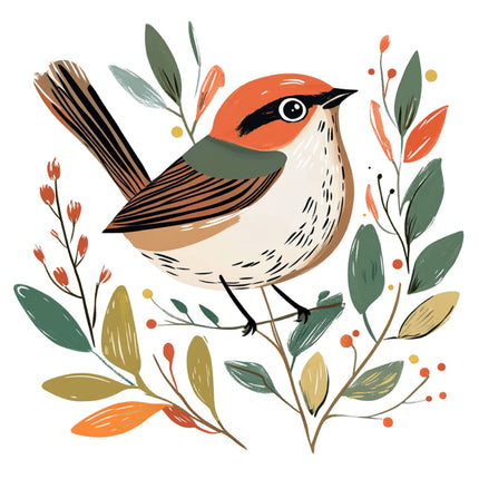 Illustration of a bird with floral elements on a white background fabric panel