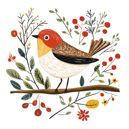 Illustration of a bird perched on a branch with foliage and berries fabric panel