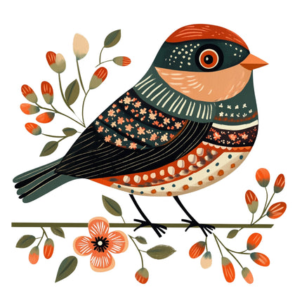 Colorful bird illustration on a branch with flowers and leaves fabric panel