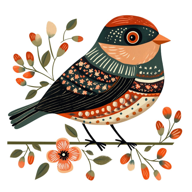 Colorful bird illustration on a branch with flowers and leaves fabric panel